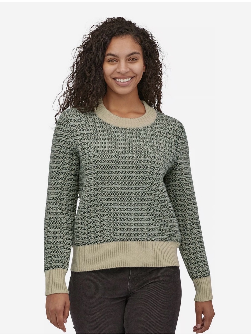 Patagonia Olive & Cream Recycled Wool Natural Fiber Patterned Crewneck Sweater